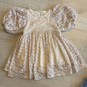 Girls' Ivory Lace Puff-Sleeve Dress